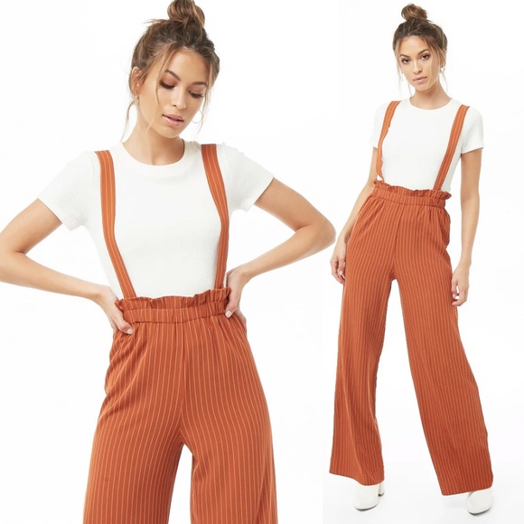 Rust Pinstriped Suspender Wide Leg Paperbag Pants - Picture 3 of 7